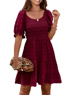Women's Summer Dresses Casual Square Neck Short Puff Sleeve Swiss Dot Flowy A Line Swing Dress