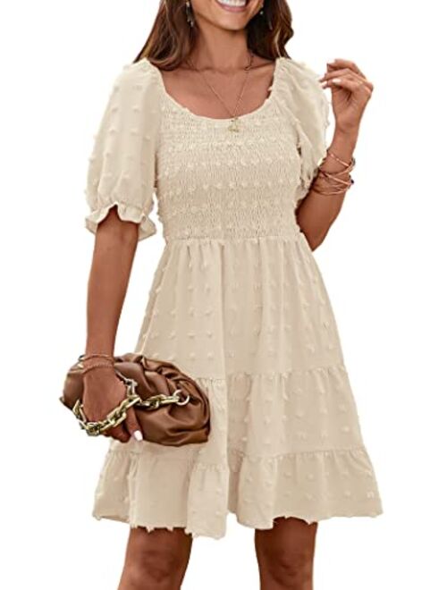 PRETTYGARDEN Women's Summer Dresses Casual Square Neck Short Puff Sleeve Swiss Dot Flowy A Line Swing Dress