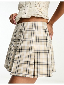 box pleat micro mini skirt in beige plaid