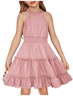 Girls Halter Neck Sleeveless Dress Casual Flowy Swiss Dot Smocked Cute Summer Dress for 5-12 Years