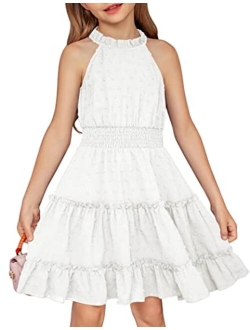 Girls Halter Neck Sleeveless Dress Casual Flowy Swiss Dot Smocked Cute Summer Dress for 5-12 Years