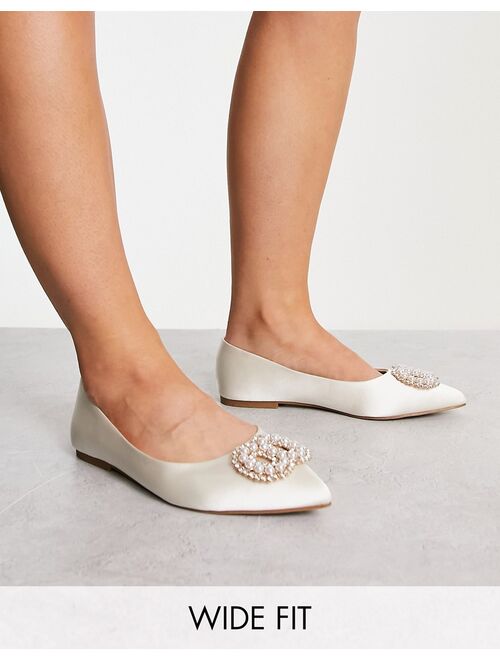 ASOS DESIGN Wide Fit Lola faux pearl embellished pointed ballet flats in ivory satin