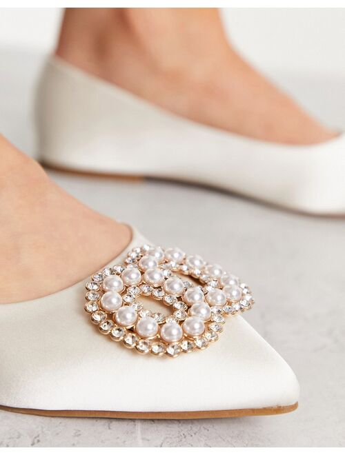 ASOS DESIGN Wide Fit Lola faux pearl embellished pointed ballet flats in ivory satin