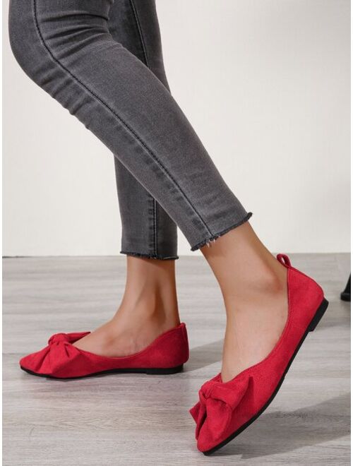 Women Red Faux Suedette Bow Decor Ballet Flats Elegant Point Toe Flat Shoes