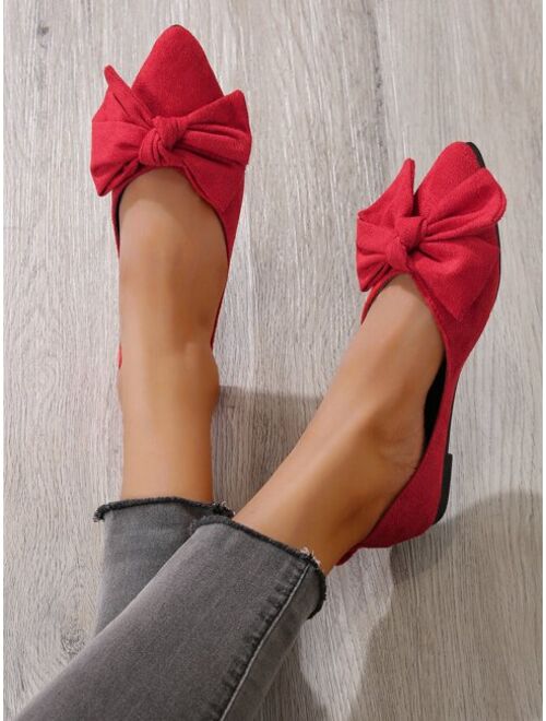 Women Red Faux Suedette Bow Decor Ballet Flats Elegant Point Toe Flat Shoes