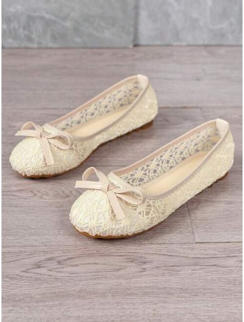 Women Bow Decor Ballets Mesh Panel Elegant Flats