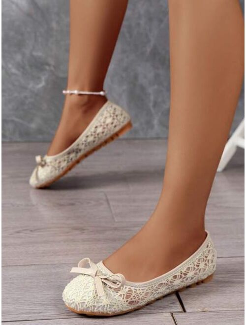 Women Bow Decor Ballets Mesh Panel Elegant Flats