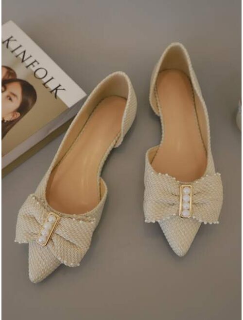 Faux Pearls Decor Ballet Flats Beige Bowknot Pearl Solid Color Ballet Flats For Women