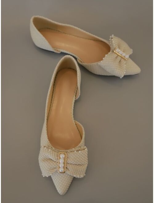 Faux Pearls Decor Ballet Flats Beige Bowknot Pearl Solid Color Ballet Flats For Women