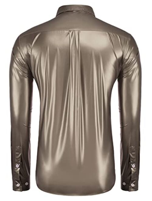 COOFANDY Men's Shiny Metallic Shirt 70s Disco Party Long Sleeve Button Down Dress Shirts