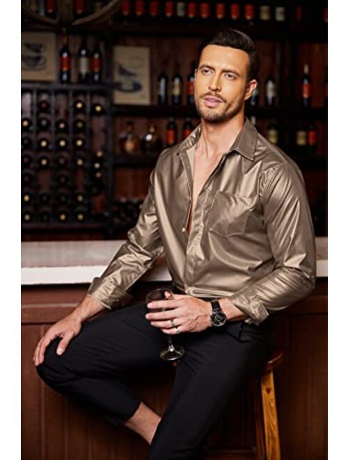 COOFANDY Men's Shiny Metallic Shirt 70s Disco Party Long Sleeve Button Down Dress Shirts