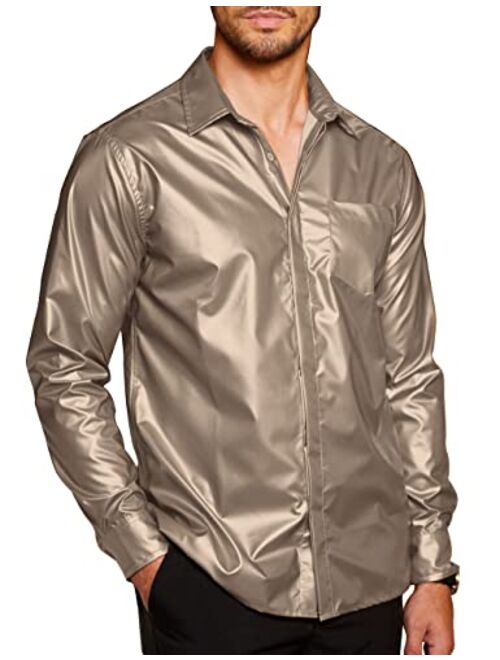 COOFANDY Men's Shiny Metallic Shirt 70s Disco Party Long Sleeve Button Down Dress Shirts
