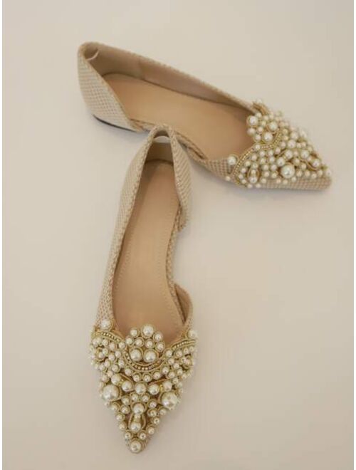 Shein Women Artificial Pearl Decor Flats, Fashionable Point Toe Ballet Flats