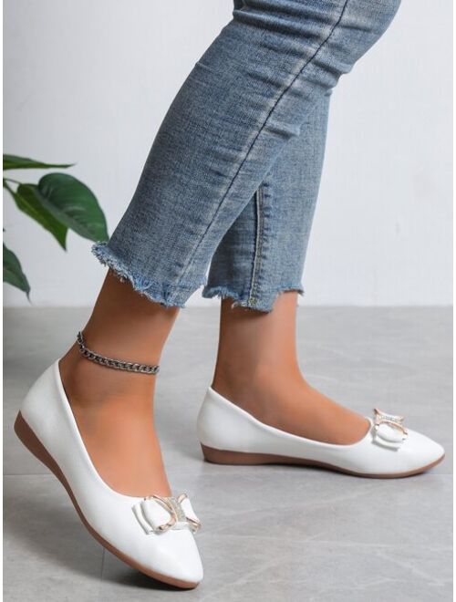 Women White Rhinestone Bow Decor Flats Fashionable Point Toe Ballet Flats