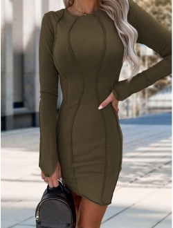 Womens 2023 Fall Bodycon Mini Dresses Casual Long Sleeve Solid Color Short Tight Ladies Party Club Fashion Dress