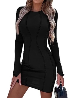Womens 2023 Fall Bodycon Mini Dresses Casual Long Sleeve Solid Color Short Tight Ladies Party Club Fashion Dress
