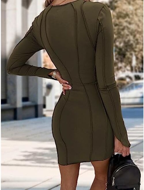 PRETTYGARDEN Womens 2023 Fall Bodycon Mini Dresses Casual Long Sleeve Solid Color Short Tight Ladies Party Club Fashion Dress