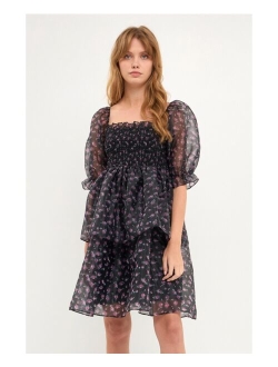 Women's Floral Organza Double Ruffled Baby Doll Dress