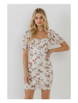 Women's Floral Mesh Ruched Mini Dress with Short Sleeves