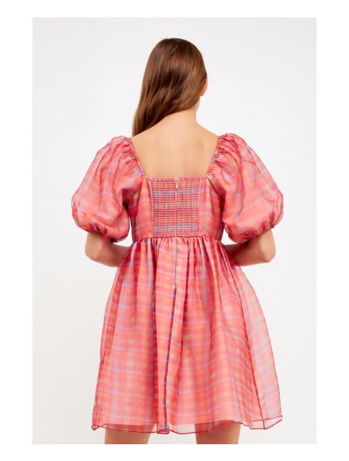 ENDLESS ROSE Women's Checker Puff Mini Dress