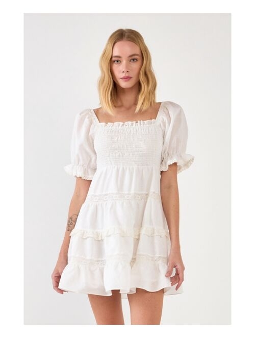 ENDLESS ROSE Women's Linen Smocked Mini Dress with Lace