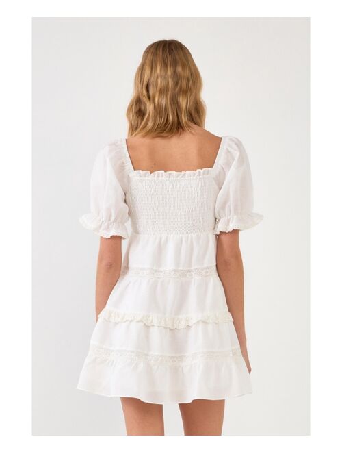 ENDLESS ROSE Women's Linen Smocked Mini Dress with Lace
