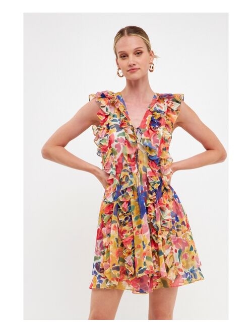 ENDLESS ROSE Women's Multi Pop Floral Chiffon Ruffled Mini Dress