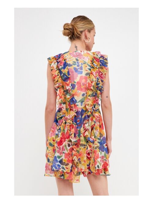 ENDLESS ROSE Women's Multi Pop Floral Chiffon Ruffled Mini Dress