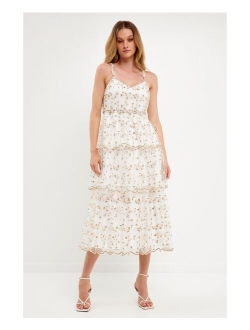 Women's Floral Embroidery Scalloped Hem Tiered Dress
