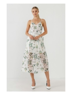 Women's Floral Printed Lace Midi Dress