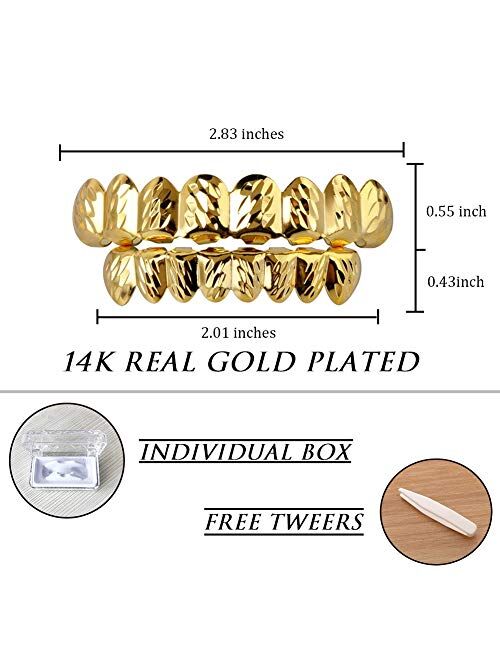 TOPGRILLZ 18K Gold Plated Hip Hop Rugged 8 Teeth TOP and Bottom Grillz for Your Teeth Set for Men and Women