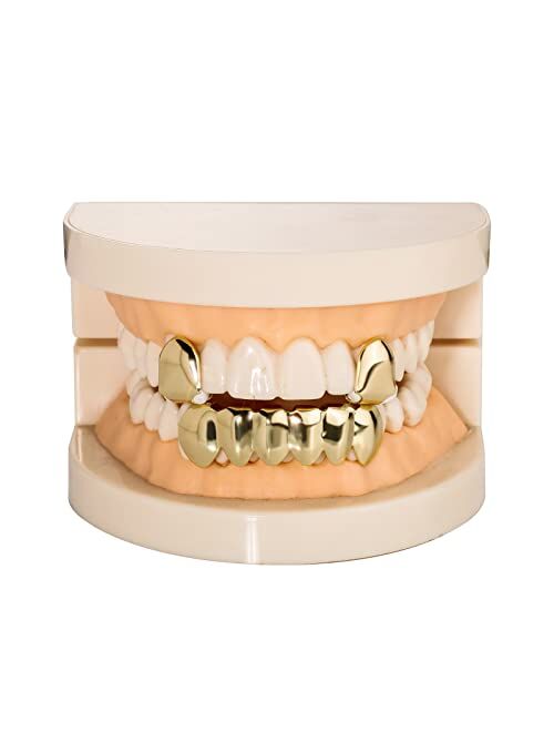 YOSZO 18K Gold Plated 2Single Top & Bottom Set Grills for Your Teeth with Molding Bars Hip Hop Jewelry
