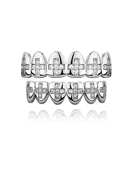 TOPGRILLZ Grills for Your Teeth Iced out Cross Diamond Stone 14K Gold Plated Grillz for Men Women Hip Hop
