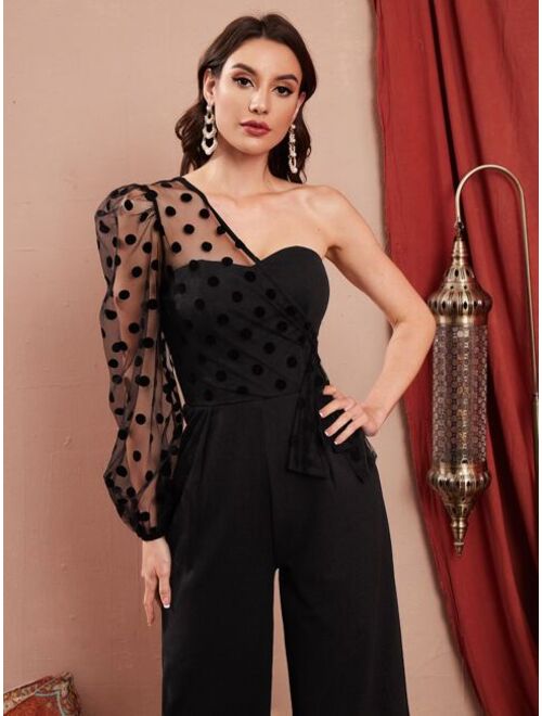 SHEIN Modely Contrast Dobby Mesh Puff Sleeve One Shoulder Draped Side Jumpsuit