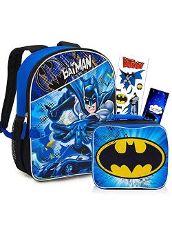 Comics Batman Backpack with Lunch Bag Set for Boys Kids ~ Deluxe 16" Batman Backpack with Insulated Lunch Box. Stickers, and More (Batman School Supplies Bundle)