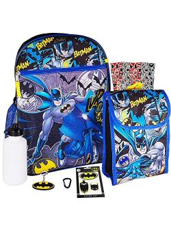 Batman Backpack and Lunch Box Set for Kids Boys ~ 7 Pc Deluxe 16" Batman School Bag, Lunch Bag, Patches, Stickers, and More (Batman School Supplies Bundle)