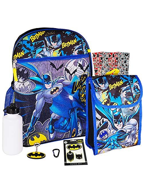 DC Batman Backpack and Lunch Box Set for Kids Boys ~ 7 Pc Deluxe 16" Batman School Bag, Lunch Bag, Patches, Stickers, and More (Batman School Supplies Bundle)