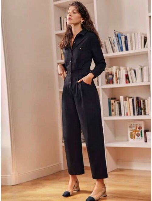 SHEIN Frenchy Solid Button Front Shirt Jumpsuit Without Belt