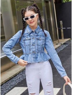 Teen Girl Flap Pocket Peplum Denim Jacket