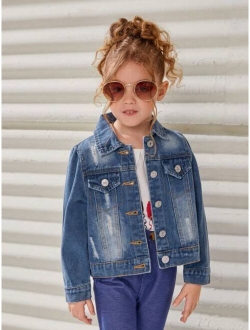 Young Girl 1pc Rabbit Patched Flap Detail Denim Jacket