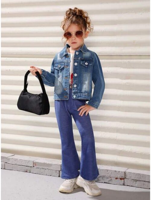 Shein Young Girl 1pc Rabbit Patched Flap Detail Denim Jacket