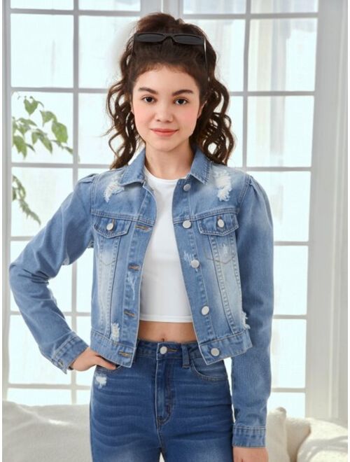 SHEIN Teen Girls Ripped Flap Pocket Denim Jacket
