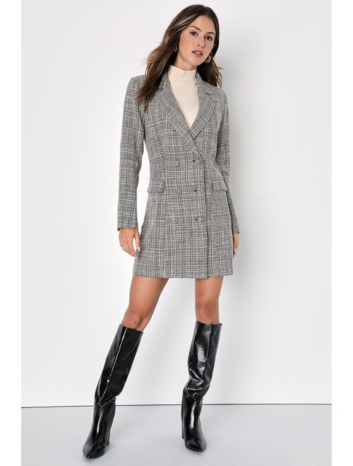 Lulus Deluxe Desire Grey Tweed Long Sleeve Blazer Mini Dress