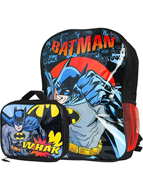 Batman Backpack and Lunch Box Bundle Set ~ Deluxe 16" Batman Backpack for Boys Kids with Insulated Lunch Bag and Stickers (Batman School Supplies)