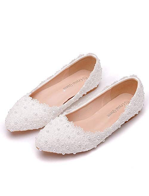 Crystal Queen Comfortable Women Flats Handmade White Lace Bridal Ballet Flats Closed Toe Shoes Bride Wedding Shoes