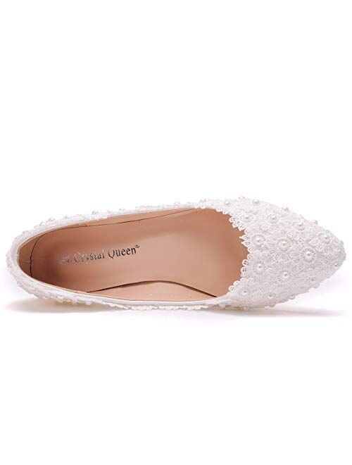 Crystal Queen Comfortable Women Flats Handmade White Lace Bridal Ballet Flats Closed Toe Shoes Bride Wedding Shoes