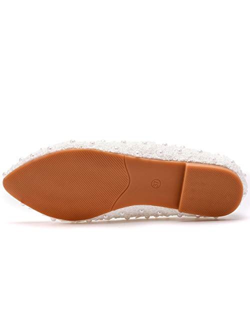 Crystal Queen Comfortable Women Flats Handmade White Lace Bridal Ballet Flats Closed Toe Shoes Bride Wedding Shoes