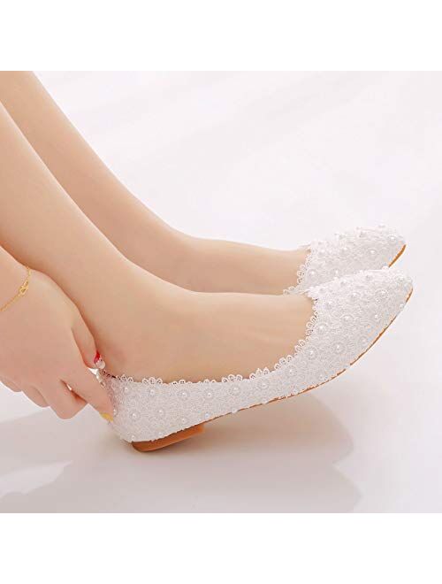 Crystal Queen Comfortable Women Flats Handmade White Lace Bridal Ballet Flats Closed Toe Shoes Bride Wedding Shoes
