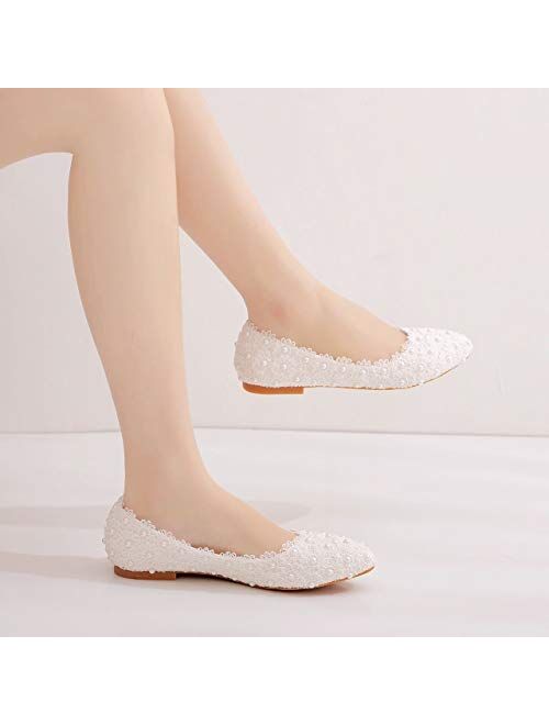 Crystal Queen Comfortable Women Flats Handmade White Lace Bridal Ballet Flats Closed Toe Shoes Bride Wedding Shoes