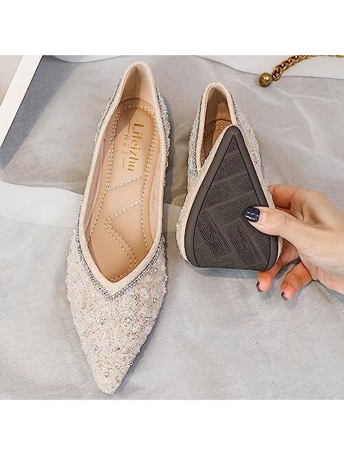 Danglianying Women's Flats Rhinestone Fashion Pointed Toe Dress Wedding Dance Ballet Flats for Women